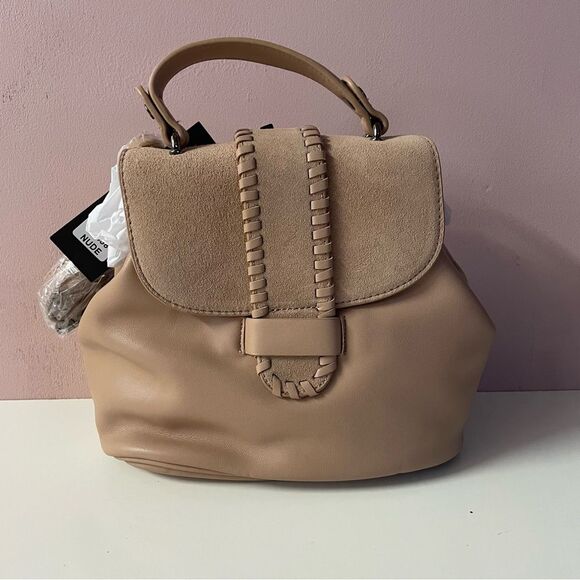 Street Level NWT Boho Nude Faux Leather Magnetic Snap Button Bucket Backpack - Picture 1 of 9